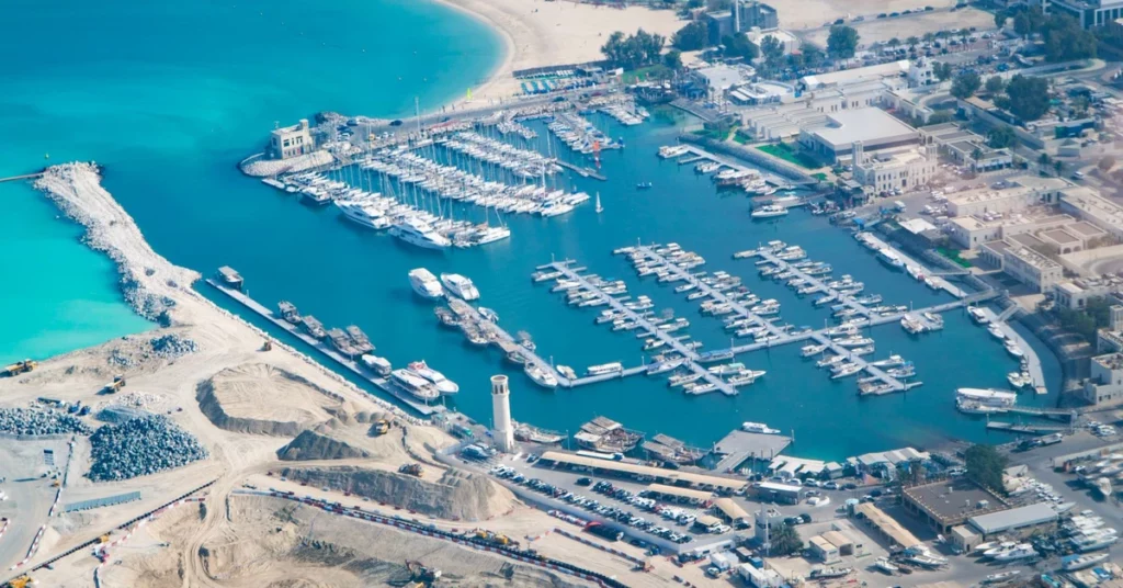 Aerial view of marina in coastal city