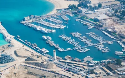 Aerial view of marina in coastal city